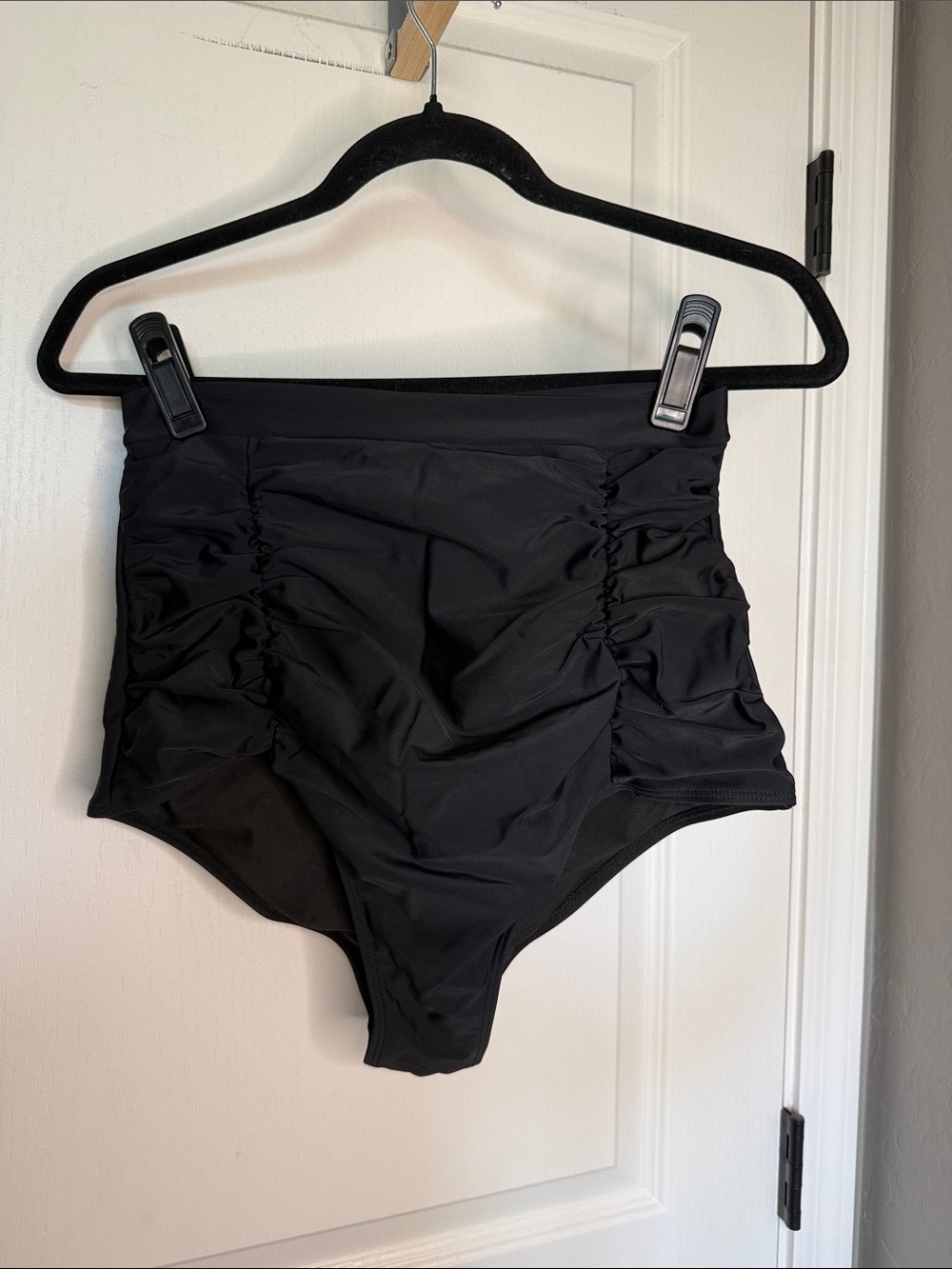 Ruched High-Waist Bikini Bottom in Black